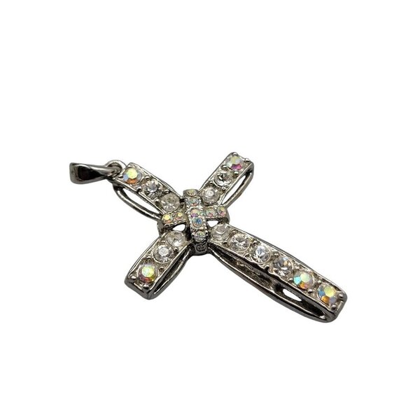 Aurora Borealis Cross Pendant Silver Tone Lots of Sparkle & Color - Picture 8 of 12